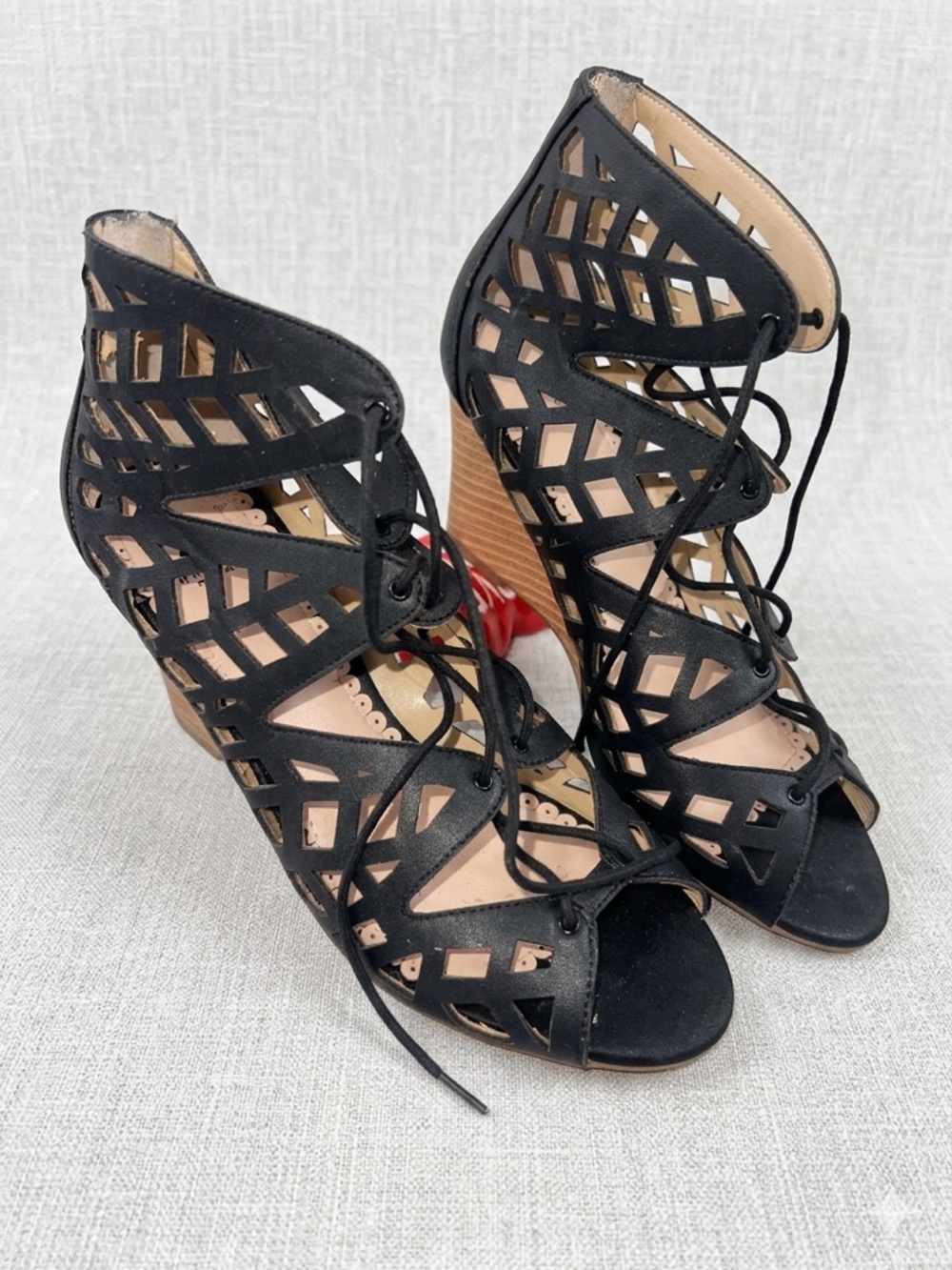 Women's Black Cutout Lace-Up Wedge Sandals